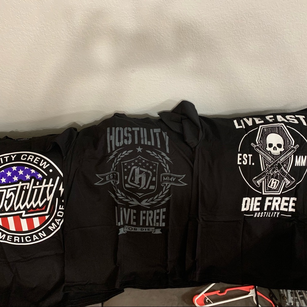 Brand New Mens Hostility tee shirts. 4 T-SHIRTS FOR $25. RANDOM PICK.